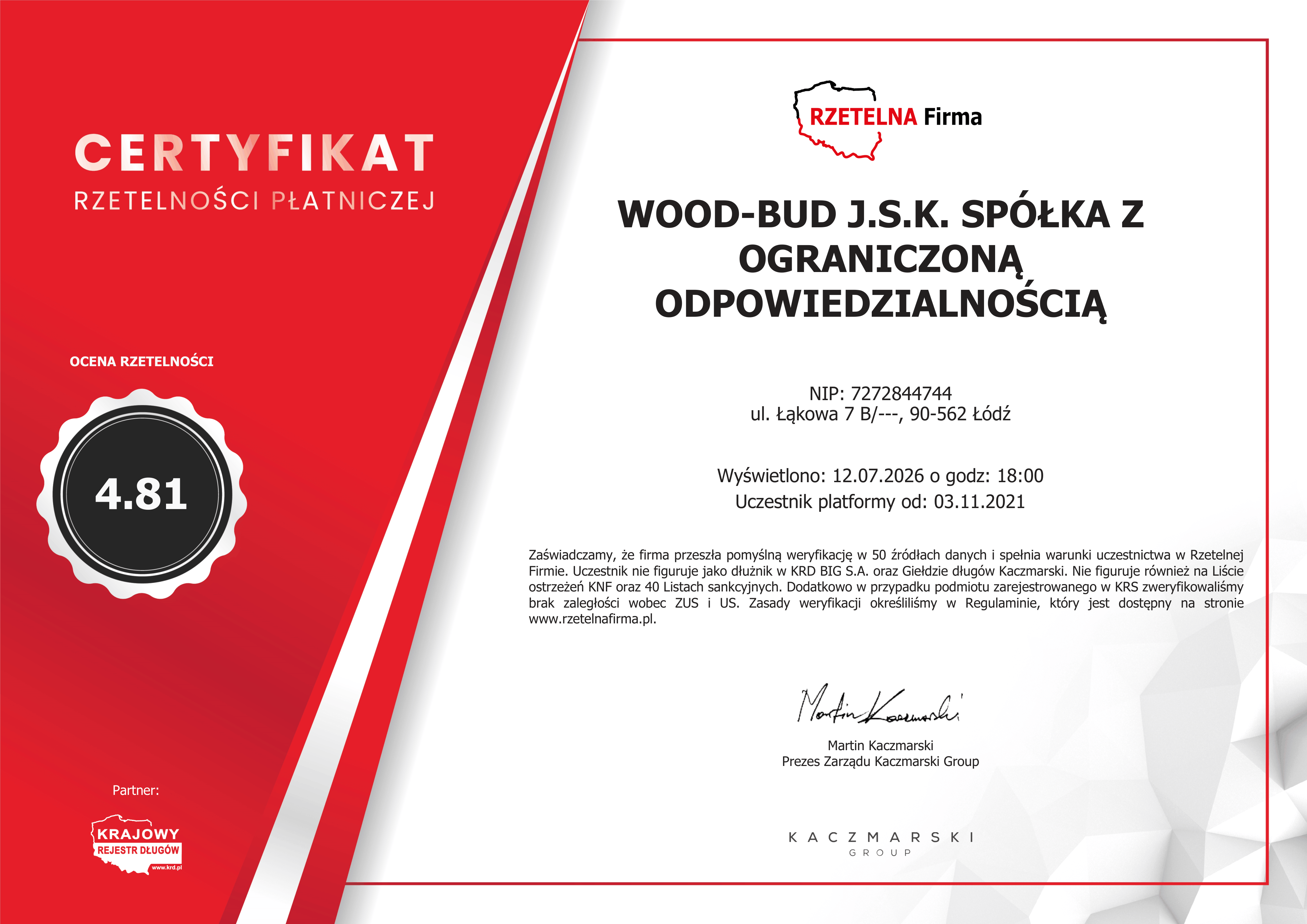 Certyfikat Rzetelnej Firmy Wood-Bud J.S.K.