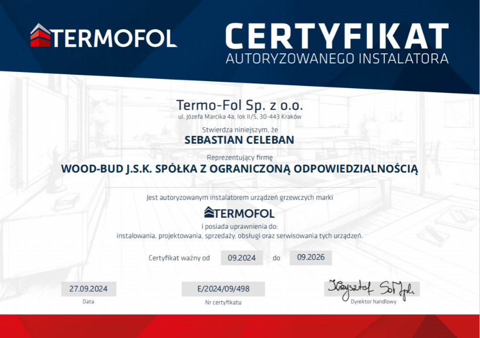 Certyfikat autoryzowanego instalatora Termofol Wood-Bud J.S.K.